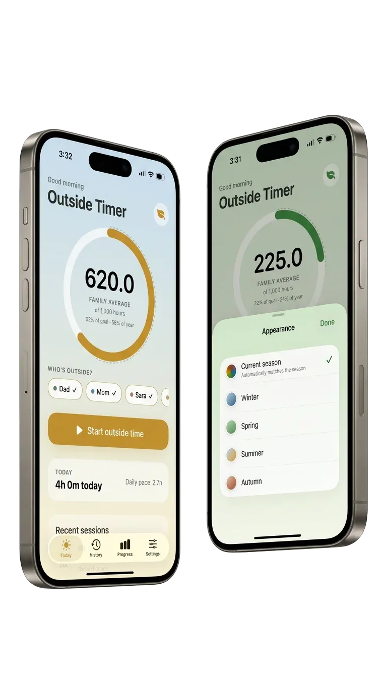 Outside Timer shown on two iPhones in green and gold seasonal themes